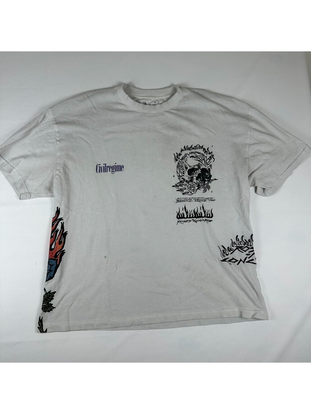 Civil Regime Mens XL White Graphic T-Shirt Skull Rose Roses From Concrete Flames